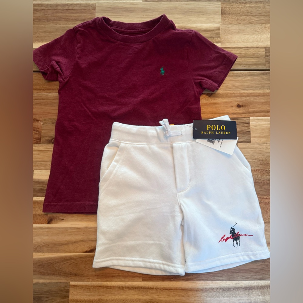 Polo by Ralph Lauren Kids Maroon T-Shirt and white shorts boys 4T